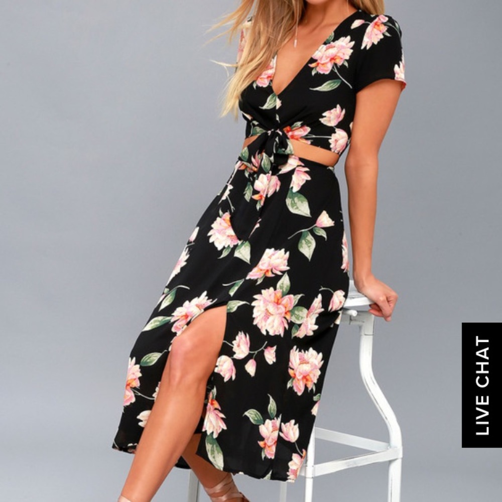 Lulu’s Aliso Black Floral Print Cutout Midi Dress